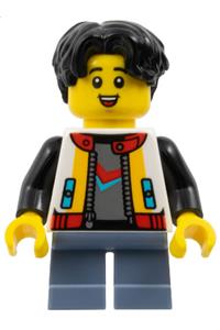 Chinese Child Boy Minifigure - Boy minifigure with black hair, wearing a white jacket with black sleeves and sand blue short legs - hol374