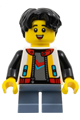 Boy minifigure with black hair, wearing a white jacket with black sleeves and sand blue short legs - hol374