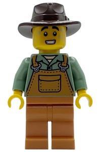 Farmer Minifigure - Male farmer with dark brown fedora, medium nougat overalls over sand green shirt, medium nougat legs, and sweat - hol375