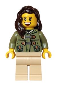 Female Holiday Express Train Passenger - Female Holiday Express Train passenger with dark brown hair wearing an olive green jacket and tan legs - hol377
