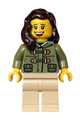 Female Holiday Express Train passenger with dark brown hair wearing an olive green jacket and tan legs - hol377