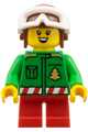 Elf wearing a green jacket with Christmas trees, a reddish brown helmet, and white goggles - hol382