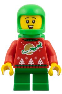 Christmas Elf in Space Holiday Sweater - Elf wearing a red holiday sweater with reindeer, bright green helmet, and air tanks - hol383