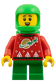 Elf wearing a red holiday sweater with reindeer, bright green helmet, and air tanks - hol383