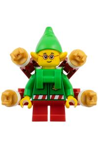 Christmas Elf Minifigure - Elf wearing a green jacket with Christmas trees and a bright green neck bracket with robot arms - hol385