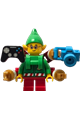 Elf wearing a green jacket with Christmas trees and a bright green neck bracket with robot arms and utensils - hol385a