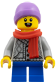 Boy wearing a medium lavender beanie, red scarf, light bluish gray cardigan, and blue short legs - hol388
