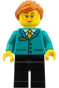 Toy Store Postmaster Minifigure - Postmaster with dark orange ponytail and glasses, wearing a dark turquoise jacket and black legs - hol389