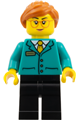 Postmaster with dark orange ponytail and glasses, wearing a dark turquoise jacket and black legs - hol389