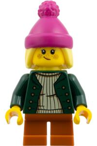 Toy Store Girl Minifigure - Girl wearing a magenta beanie, dark green jacket, and dark orange short legs - hol390