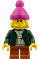 Girl wearing a magenta beanie, dark green jacket, and dark orange short legs - hol390