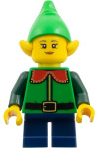 Toy Store Female Elf  Minifigure - Female elf wearing a bright green hat, green top with red collar, and dark blue short legs - hol392
