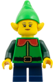 Female elf wearing a bright green hat, green top with red collar, and dark blue short legs - hol392