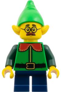 Toy Store Elf Minifigure - Elf wearing a bright green hat, a green shirt with red collar, and dark blue short legs - hol393
