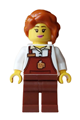 Female barista with dark orange braided hair, wearing a reddish brown apron with cup and name tag, and reddish brown legs - hol394