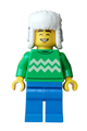 Male at customer hot chocolate stand wearing a bright green sweater with light yellow zigzag lines, blue legs, and a dark blue ushanka hat - hol395