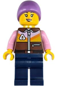 Female Ice Skater Minifigure - Female ice skater wearing a reddish brown jacket, dark blue legs, and a medium lavender beanie - hol402