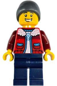 Male Ice Skater Minifigure - Male ice skater wearing a red jacket over a white shirt, dark blue legs, and a dark bluish gray beanie - hol403