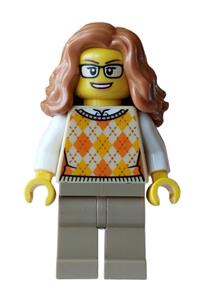 Carol Choir Double Bass Player Female - Female Carol Choir double bass player wearing a tan knit argyle sweater vest - hol405