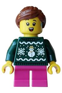 Carol Choir Caroler Girl Minifigure - Girl carol choir singer wearing a dark green knit Fair Isle holiday sweater - hol406