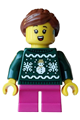 Girl carol choir singer wearing a dark green knit Fair Isle holiday sweater - hol406