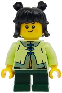 Child Girl Minifigure - Girl child with black hair in buns, wearing a yellowish green tang jacket and dark green short legs - hol408
