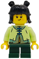 Girl child with black hair in buns, wearing a yellowish green tang jacket and dark green short legs - hol408