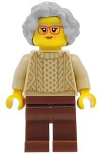 Grandmother Minifigure - Grandmother with light bluish gray short wavy hair wearing a tan knit cable sweater and reddish brown legs - hol410