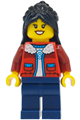 Girl child with black hair wearing a red jacket over a white shirt and dark blue legs - hol412