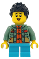 Boy child with black spiked hair wearing a sand green sweater over a reddish orange tang jacket and medium azure short legs - hol413