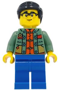 Man Minifigure - Male minifigure with black smooth hair, wearing a sand green sweater over a reddish orange tang jacket and blue legs - hol414