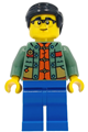 Male minifigure with black smooth hair, wearing a sand green sweater over a reddish orange tang jacket and blue legs - hol414