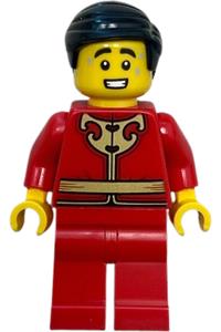 Lion Dance Man  Minifigure - Man wearing a red tang jacket with gold Chinese scrollwork, red legs, and black smooth hair - hol415