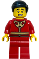 Man wearing a red tang jacket with gold Chinese scrollwork, red legs, and black smooth hair - hol415