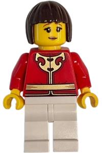 Lion Dance Woman Minifigure - Woman wearing a red tang jacket with gold Chinese scrollwork, white legs, and dark brown hair - hol416
