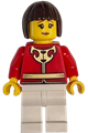 Woman wearing a red tang jacket with gold Chinese scrollwork, white legs, and dark brown hair - hol416