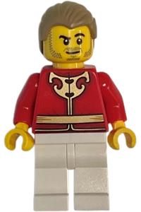 Lion Dance Man Minifigure - Man wearing a red tang jacket with gold Chinese scrollwork, white legs, and dark tan hair - hol417