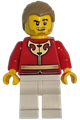 Man wearing a red tang jacket with gold Chinese scrollwork, white legs, and dark tan hair - hol417