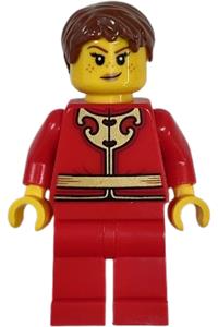 Lion Dance Woman Minifigure - Woman wearing a red tang jacket with gold Chinese scrollwork, red legs, and brown short hair - hol418