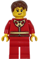 Woman wearing a red tang jacket with gold Chinese scrollwork, red legs, and brown short hair - hol418