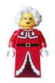 Mrs. Claus wearing a red jacket, dark red printed skirt and gold glasses - hol437