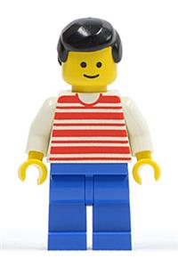 Male Minifigure - Minifigure with red horizontal lines, white arms, blue legs, and black male hair - hor001