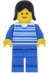 Female Minifigure - Minifigure with blue horizontal lines, blue arms and legs, with black female hair - hor002