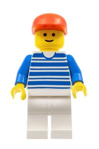 Male Minifigure - Minifigure with blue horizontal lines, blue arms, white legs, and a red cap - hor003