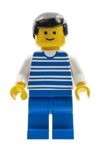 Male Minifigure - Male minifigure with blue horizontal lines, white arms, black hair, and blue legs - hor004