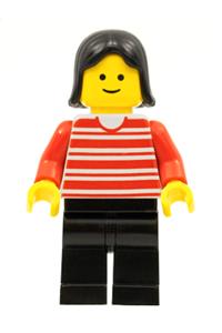 Female Minifigure - Male minifigure with red horizontal lines, red arms, black legs, and black hair, depicting a female character - hor005
