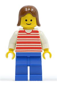 Female Minifigure - Minifigure with red horizontal lines, white arms, blue legs, and brown hair - hor006