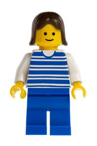 Female Minifigure - Minifigure with horizontal blue lines, white arms, blue legs, and brown female hair - hor007
