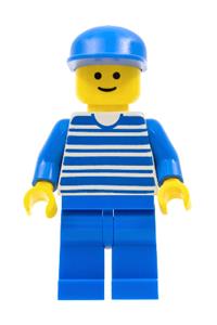 Male Minifigure - Minifigure wearing blue cap, horizontal lines blue torso, arms, and legs - hor008