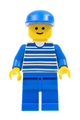 Minifigure wearing blue cap, horizontal lines blue torso, arms, and legs - hor008